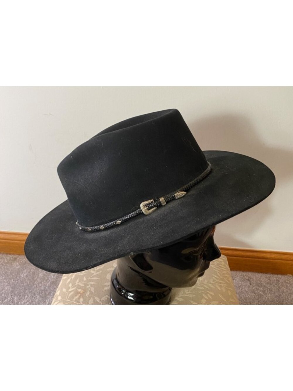 Stetson The Gun Club Black Felt Hat 7 1/8 Western Style Braided Hatband